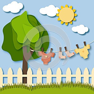 Baby clothes on clothesline in sunny garden vector illustration